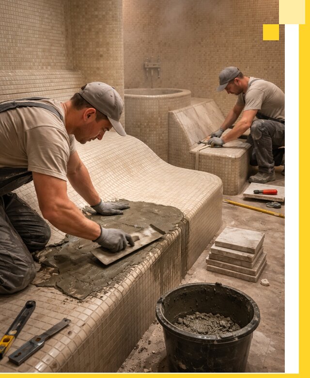 Лежаки для хамама под ключ в Нижнекамске, проект и монтаж